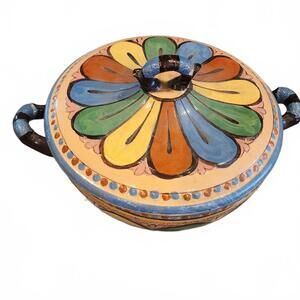 Vintage Mexican Tlaquepaque Pottery 2 Handle Covered Casserole Dish Multicolor